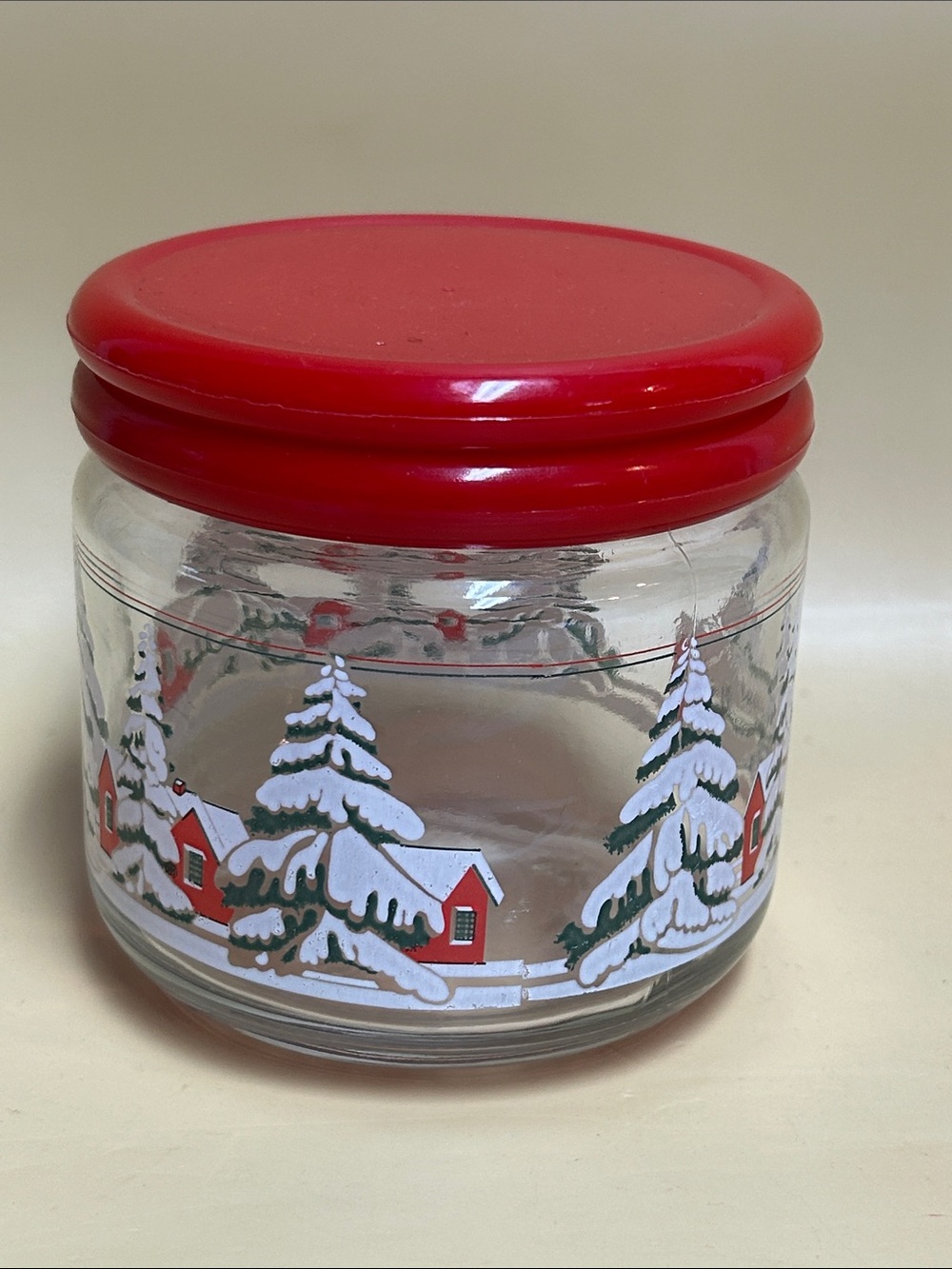 KIG Indonesia Holiday Glass Storage Jar with Red Lid — Festive Winter Village